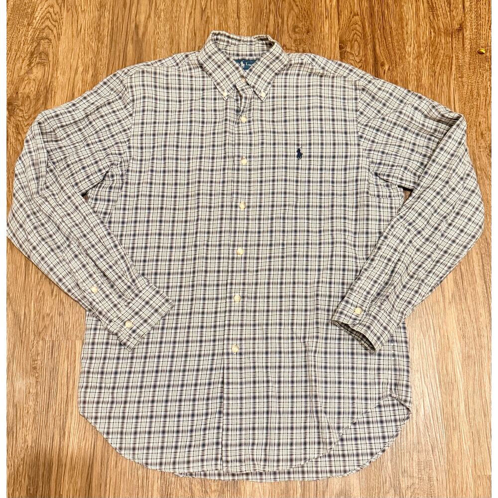 Y2K Ralph Lauren Classic Fit Blue White Plaid Button Down Long Sleeve Mens Med